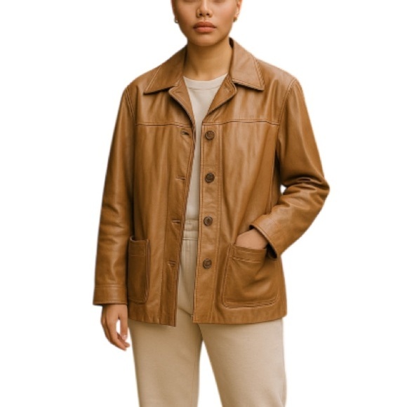 VINTAGE Y2K Danier Canada Camel Brown Leather Jacket Button Front Pockets 10 - Picture 1 of 12